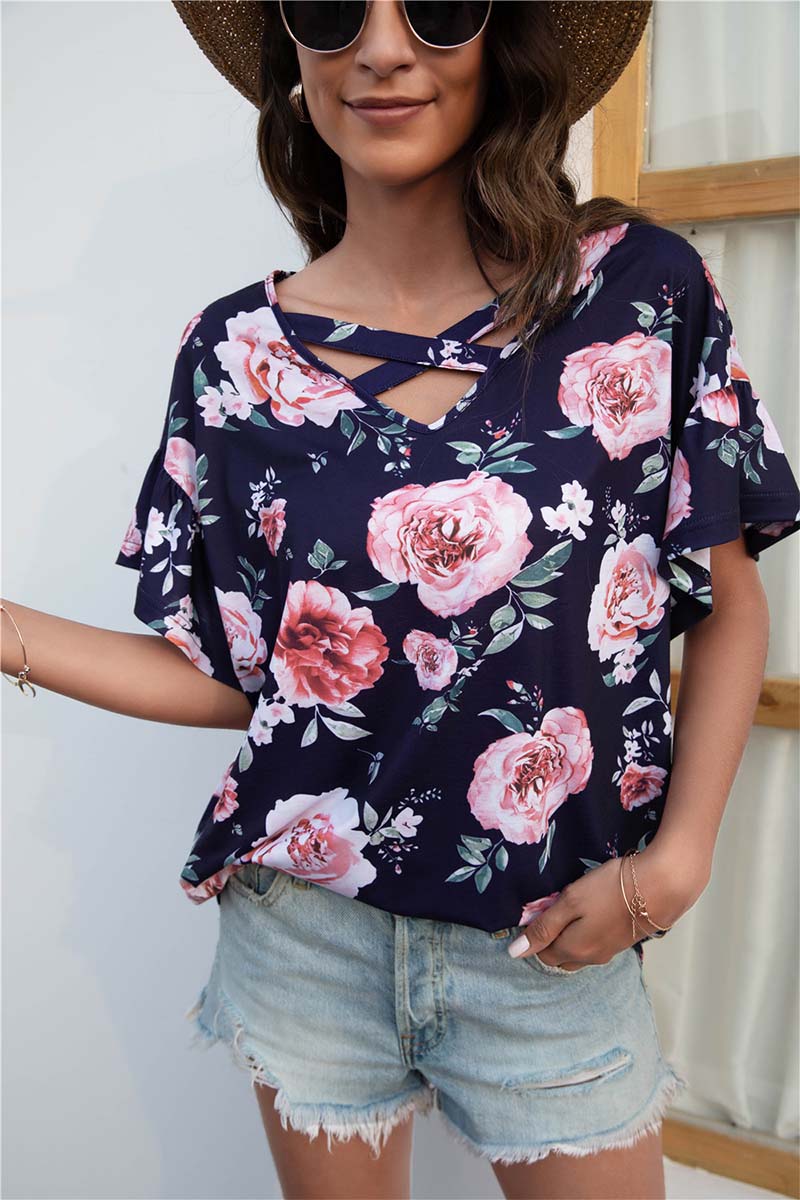 Tops for Women Casual Summer Short Sleeve Crew Neck Basic Tee Shirts Floral  Print Loose Comfy T-Shirt Blouses : Sports & Outdoors 